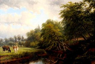 Cattle in a Meadow Beside a Tree-Lined River