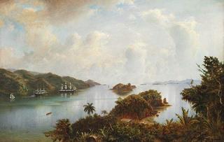 Scene from the Caribbian with ships at anchor off the coast between small islands