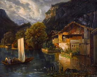 Swiss Mountain Lake with Sailboat and Farmhouses