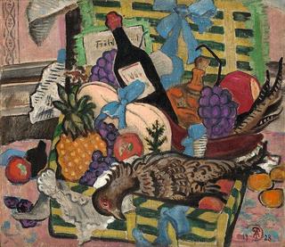 Still life with pheasant, fruit and wine