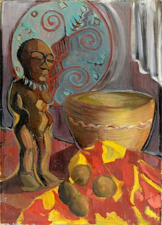 African Still Life with Figure, Shield and Four Fruits