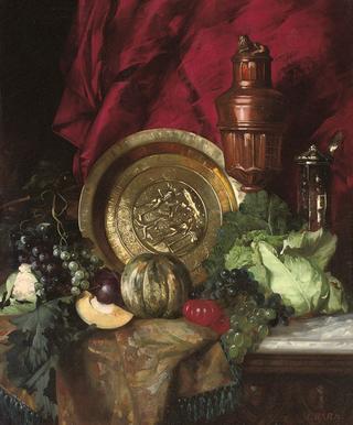 A Salver, a Copper Ewer, a Silver Vessel, a Cabbage, Grapes, Tomatoes, Melons on a Draped Table.