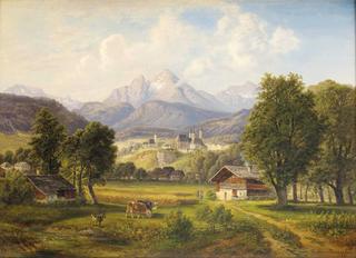 Panoramic View of Berchtesgaden with Farmhouses and the Mountains behind with the Watzmann