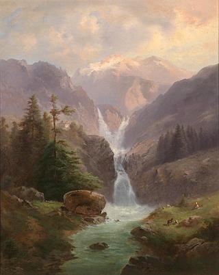 Mountain Landscape with Waterfall