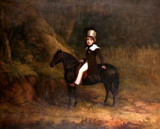 A Study of a Young Boy Wearing a Top Hat Seated on his Pony, in a Woodland Landscape