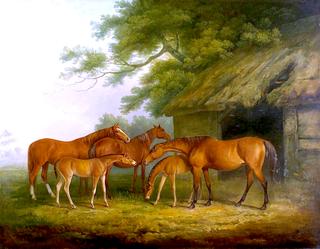 Mares and Foals near a Thatched Barn