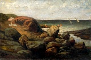 Rocky Coast Line With Bathers, Rockport Maine