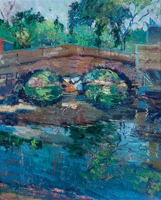 Pond Scene with Bridge