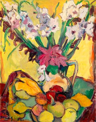 Still life of Gladioli and Fruit