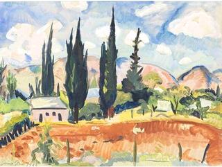 A Farmhouse with Cypress Trees