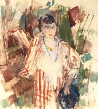 Woman in the Forest, Blue Hat in Her Hand, Arm Raised