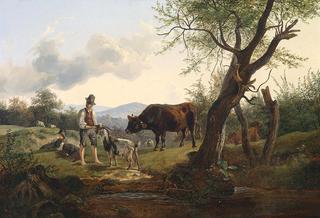 A Shepherd with a Goat and Young Bull