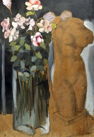Bouquet of flowers and the sketch of a statue