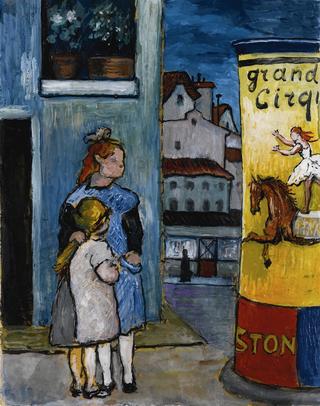 Two Children in front of a Billboard for Grand Cirque