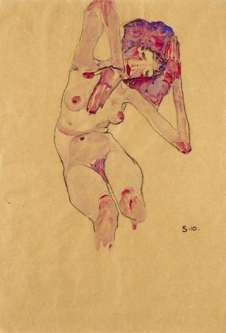 Seated Female Nude with Tilted Head and Raised Arms