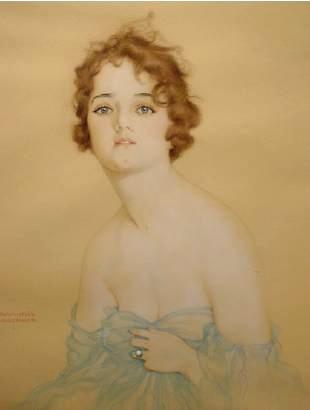Young Woman in Blue Chiffon and Pearl Ring