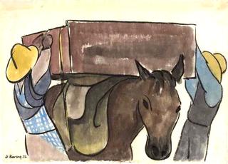 Pair of Men Loading a Donkey