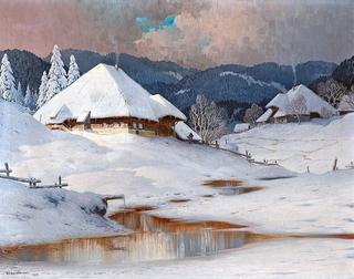 Snow-Covered Black Forest Farms During an Approaching Thunderstorm
