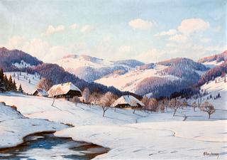 Black Forest Houses in a Sunny Winter Landscape with Brook