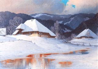 Two snow-covered Black Forest Houses in the Evening Sun, a Frozen Fire Pond in the Foreground