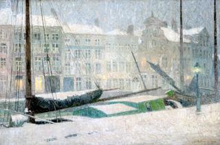 Ghent, the Korenlei (Wheat Quay) in the snow
