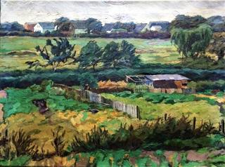 Farmer in the Fields with Adjacent Village