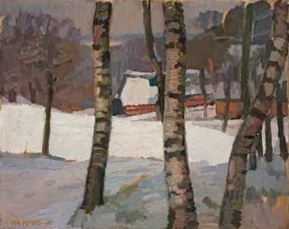 Farmhouse and Birches in Winter