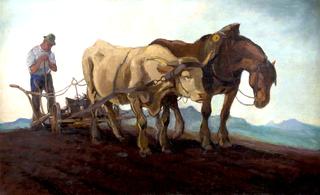 Plowing Farmer with Harnessed Ox and Horse