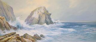 A Coastal Landscape with Gulls Flying above Rocks