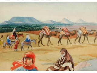 A Trail of Camels and Arabians with Sand Dunes on the Horizon