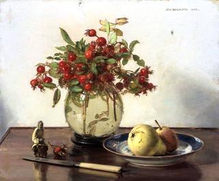 A still life with rose hips in a glass vase and a bowl with fruit