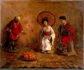 静物画，三尊中国陶器雕像和一个装满桔子的篮子