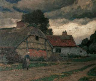 Landscape with farmhouse and woman on road