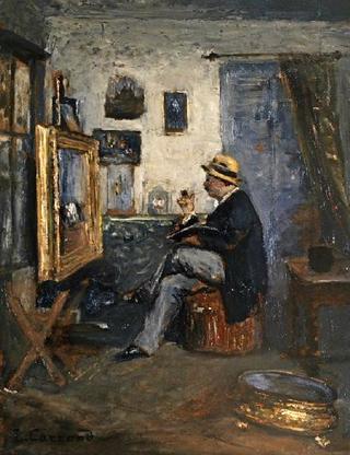 Atelier de Carrand , Autoportrait à la pipe devant son chevalet  (Self-Portrait)