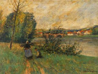 River landscape with peasants