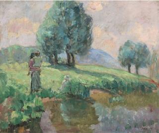 Mother and Children by a River