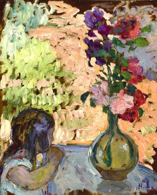 Little Girl and Vase of Flowers