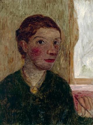 Self portrait with brush in raised hand