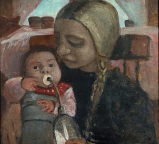 Girl with child sucking on a pacifier