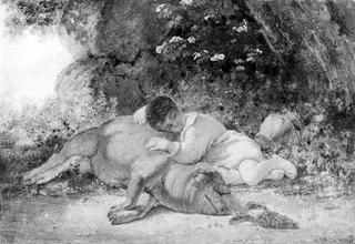 Two Friends:  Boy Sleeping bu a Pig