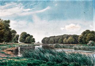 Tranquil Landscape with a Lake and Three Children Fishing