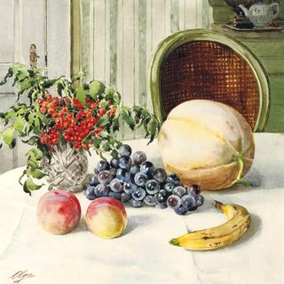 Melon, Grapes, Peaches, Banana, and Berries on Table
