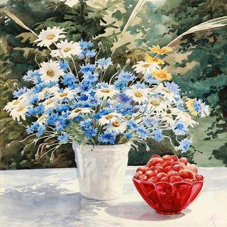 Flowers and strawberries on a table