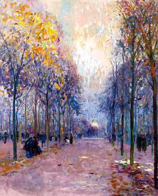 Figures taking a stroll in the Luxembourg Gardens, the Pantheon beyond