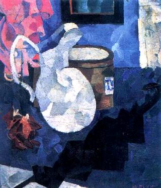 Still Life with a Jug, Black Umbrella and Hat Box