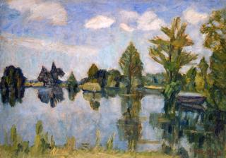 Summer flood with hay boat