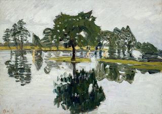 Flooded meadows with bathers