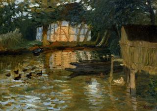 Wumme river with barn in evening