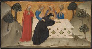 Virgin Mary with the three Marys at the sarcophagus of Christ
