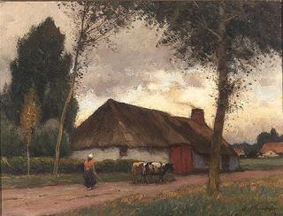 Farm Woman with Cows by a Flemish Farm House